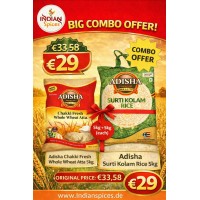COMBO OFFER - Adisha Chakki Fresh Atta - 5 Kg + Adisha Surti Kolam Rice - 5 Kg - Fresh Stock