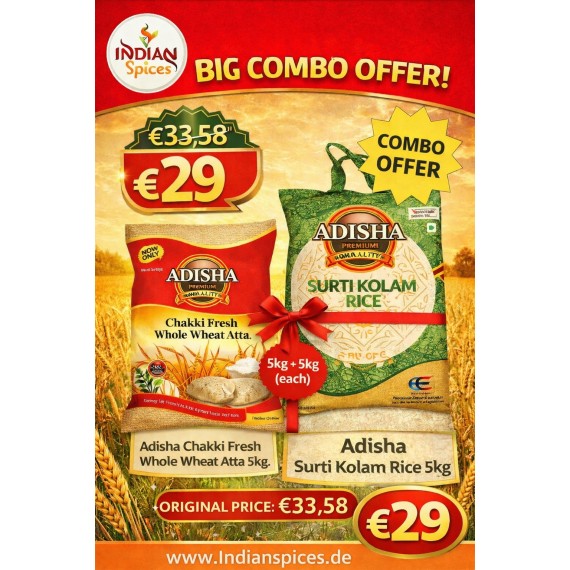 COMBO OFFER - Adisha Chakki Fresh Atta - 5 Kg + Adisha Surti Kolam Rice - 5 Kg - Fresh Stock