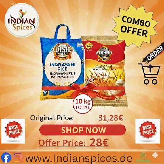 (Combo Pack) Adisha Indryani Rice 5 Kg + Adisha Lokwan Gehu Atta (Whole Wheat Flour) 5 Kg (Fresh Stock)