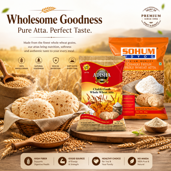 Sohum/Adisha Lokwan Gehu Atta (Whole Wheat Flour) - 5 Kg (Fresh Stock)