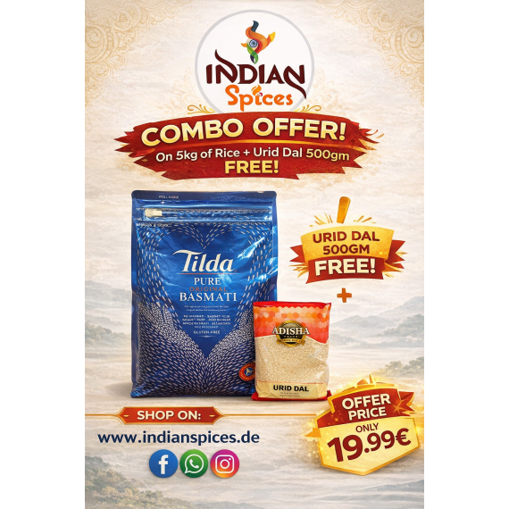 ( COMBO PACK ) Tilda Basamati 5Kg + Adisha Urid Dal - 500 GM