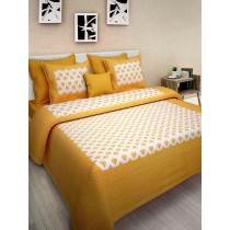 Yellow-White Cotton Rajasthani Jaipuri Traditional King Size Double Bed Bedsheet With 2 Pillow Covers