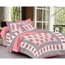 Pink-White Cotton Rajasthani Jaipuri Traditional King Size Double Bed Bedsheet With 2 Pillow Covers